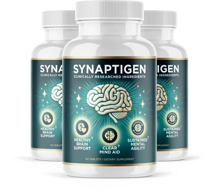 Three bottles of Synaptigen probiotic brain support tablets, 30 tablets each