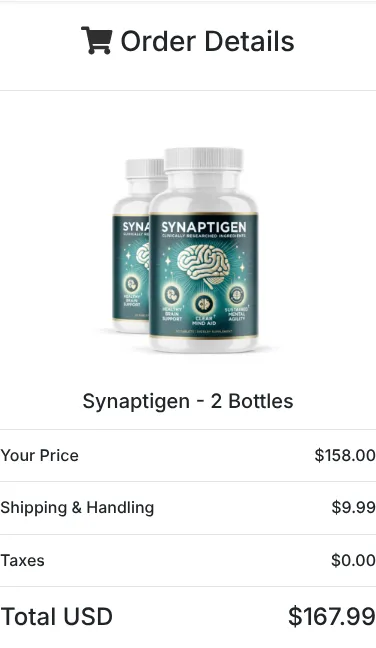 Synaptigen 2-bottle order summary at checkout, October 12, 2026